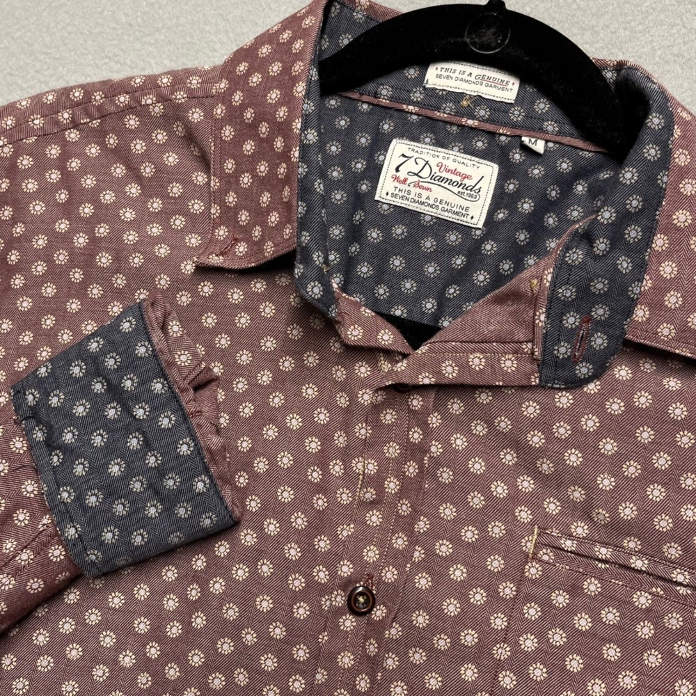 New 7 Diamonds Vintage Mens M Burgundy Floral Medallion Herringbone Shirt  Long